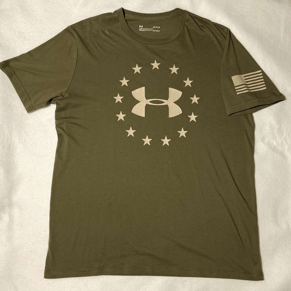 Under Armour 13 Stars & American Flag Shirt. Army Green with Tan Logo. Large - Picture 1 of 7
